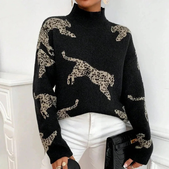Black Casual Women's Leopard Pattern High Neck Drop Shoulder Sweater - Picture 1 of 6